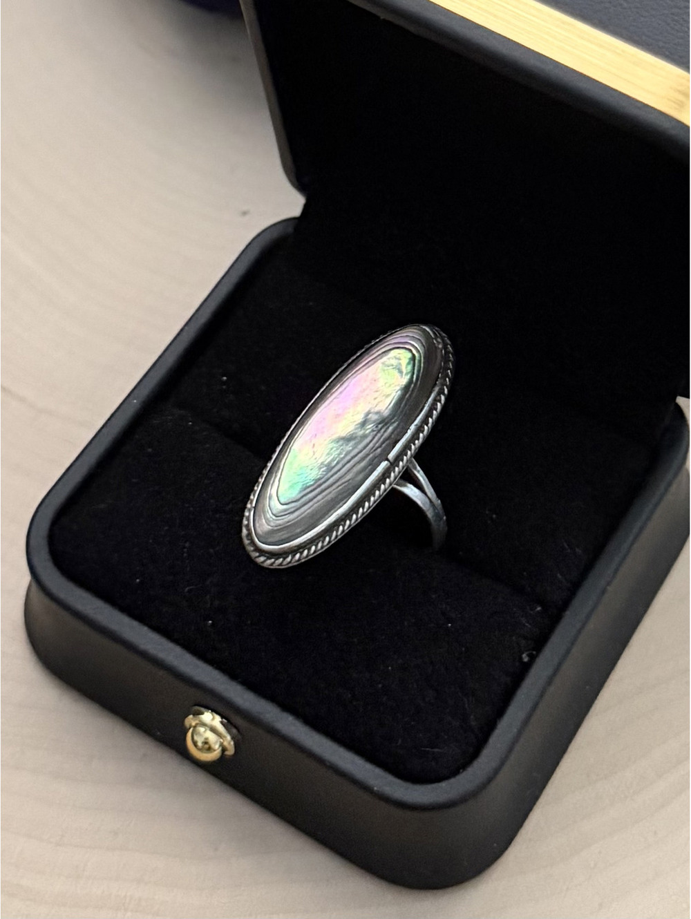 Vintage Taxco Mexico Sterling Silver Oval Abalone Shell Split Shank Ring US 7.25